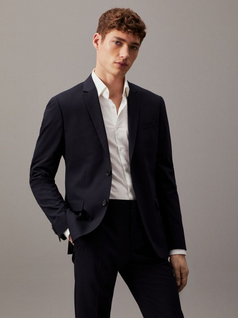 Blue Stretch Wool Slim Suit Blazer  Men