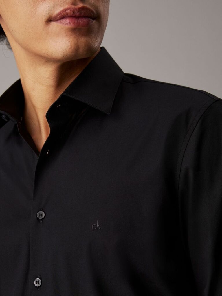 Black Poplin Stretch Fitted Shirt  Men