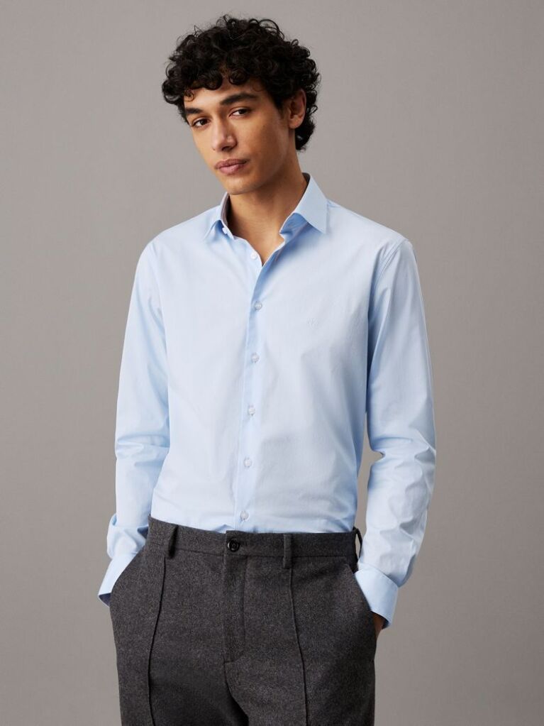 Blue Poplin Stretch Fitted Shirt  Men