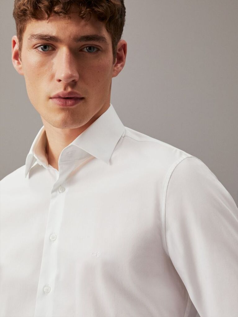 White Poplin Stretch Fitted Shirt  Men