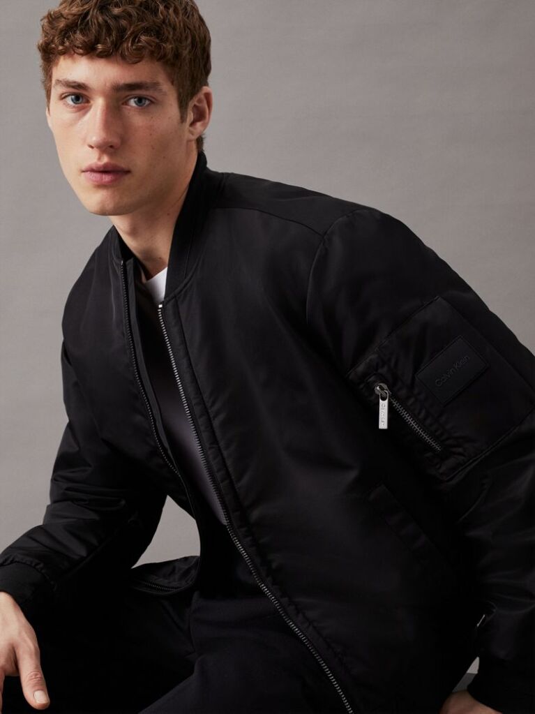 Black Sateen Bomber Jacket  Men