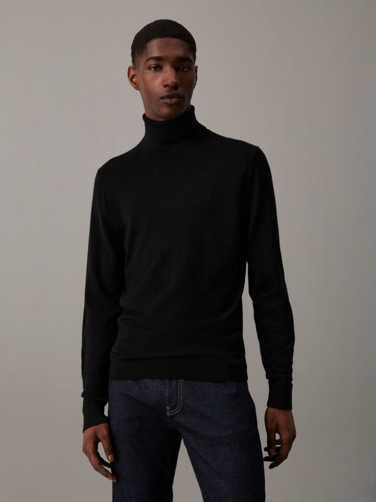 Black Merino Wool Roll Neck Jumper  Men