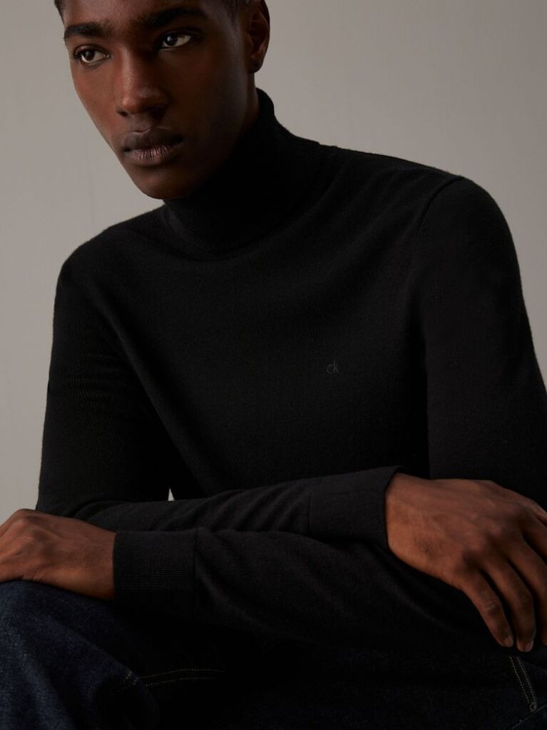 Black Merino Wool Roll Neck Jumper  Men