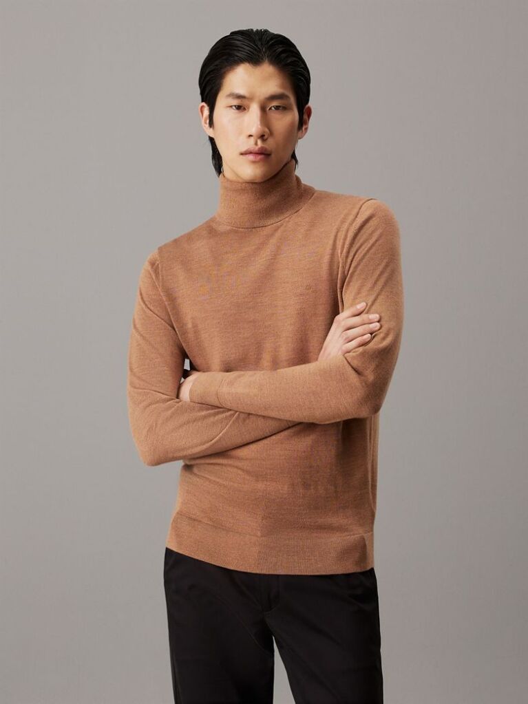 Brown Merino Wool Roll Neck Jumper  Men