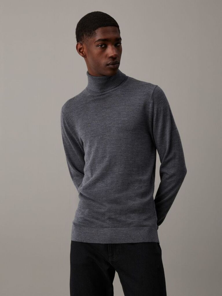 Grey Merino Wool Roll Neck Jumper  Men