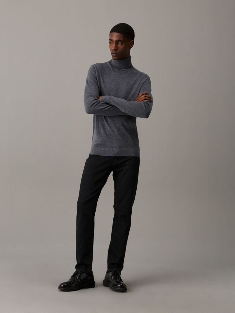 Grey Merino Wool Roll Neck Jumper  Men