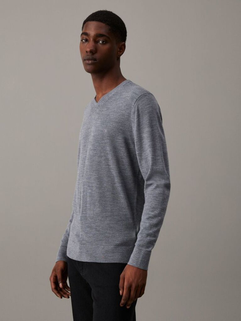 Grey Superior Wool Vneck Sweater  Men