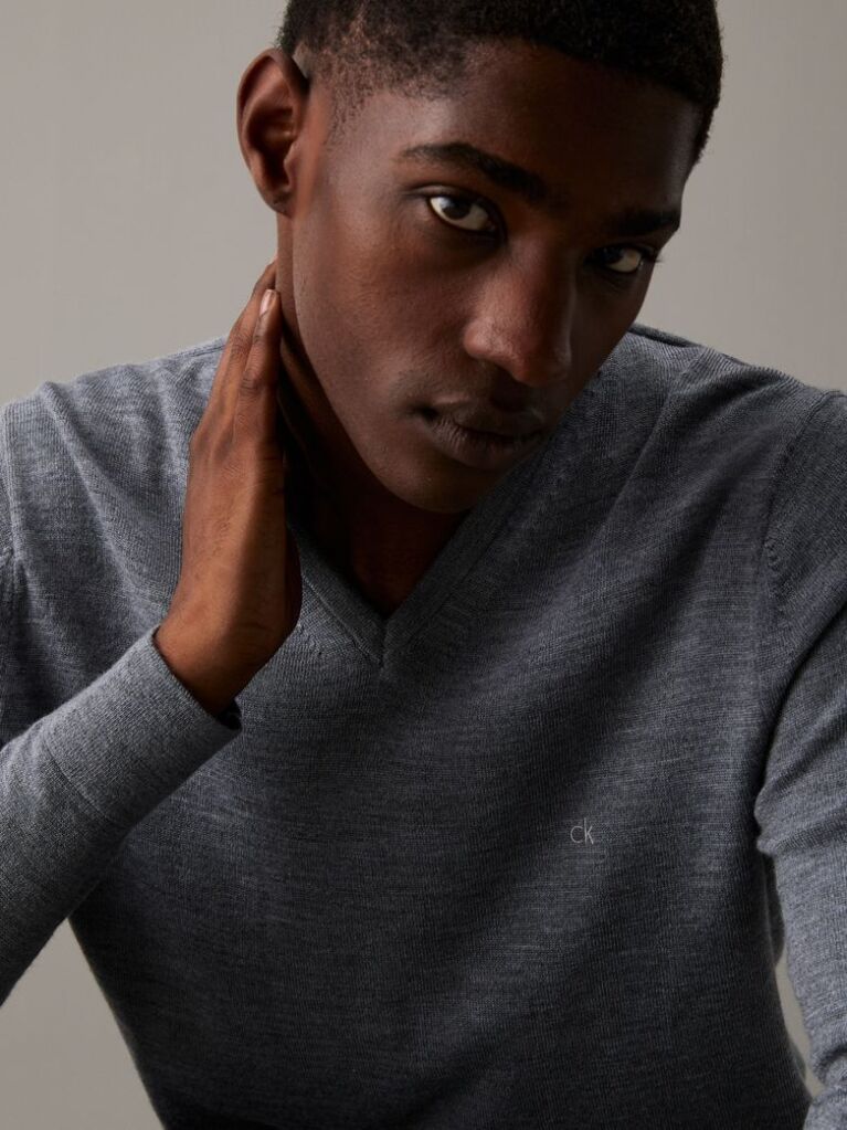 Grey Superior Wool Vneck Sweater  Men