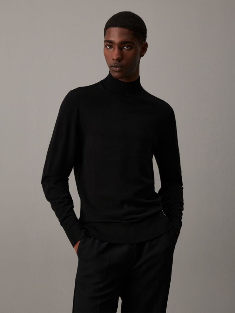 Black Merino Wool Mock Neck Jumper  Men