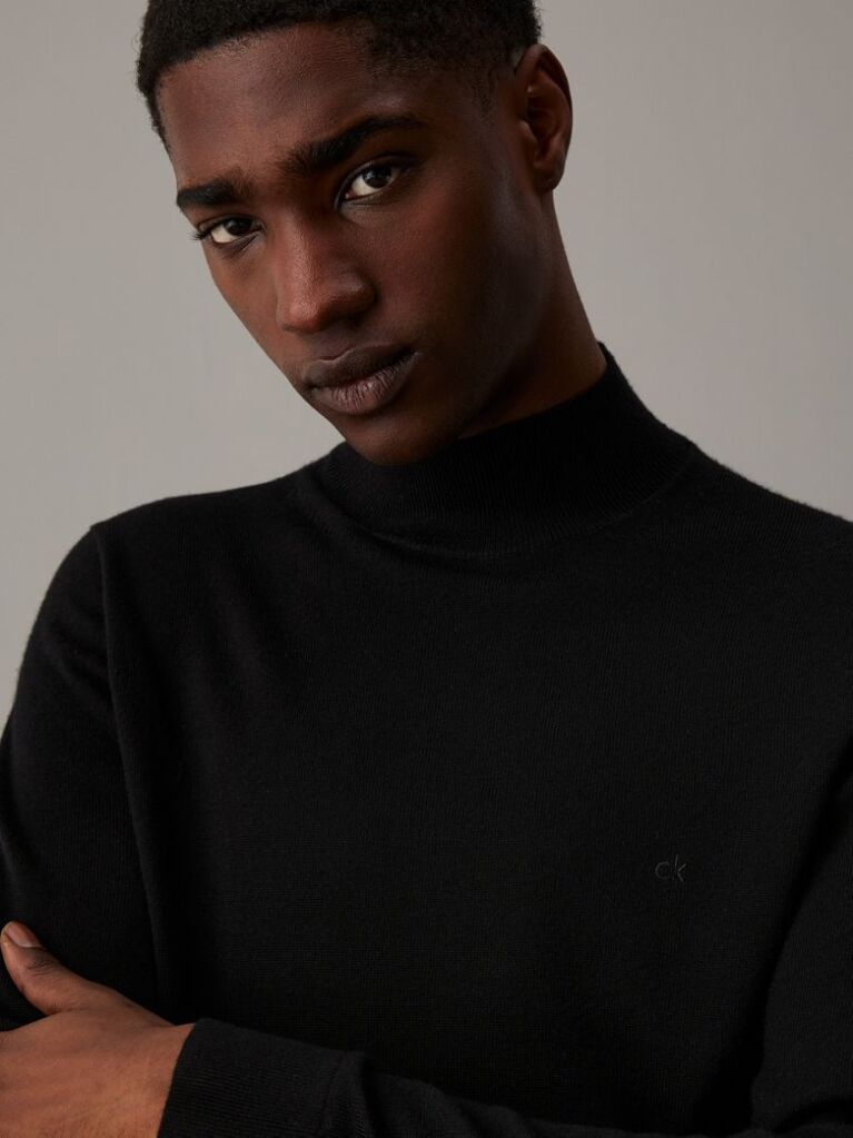 Black Merino Wool Mock Neck Jumper  Men