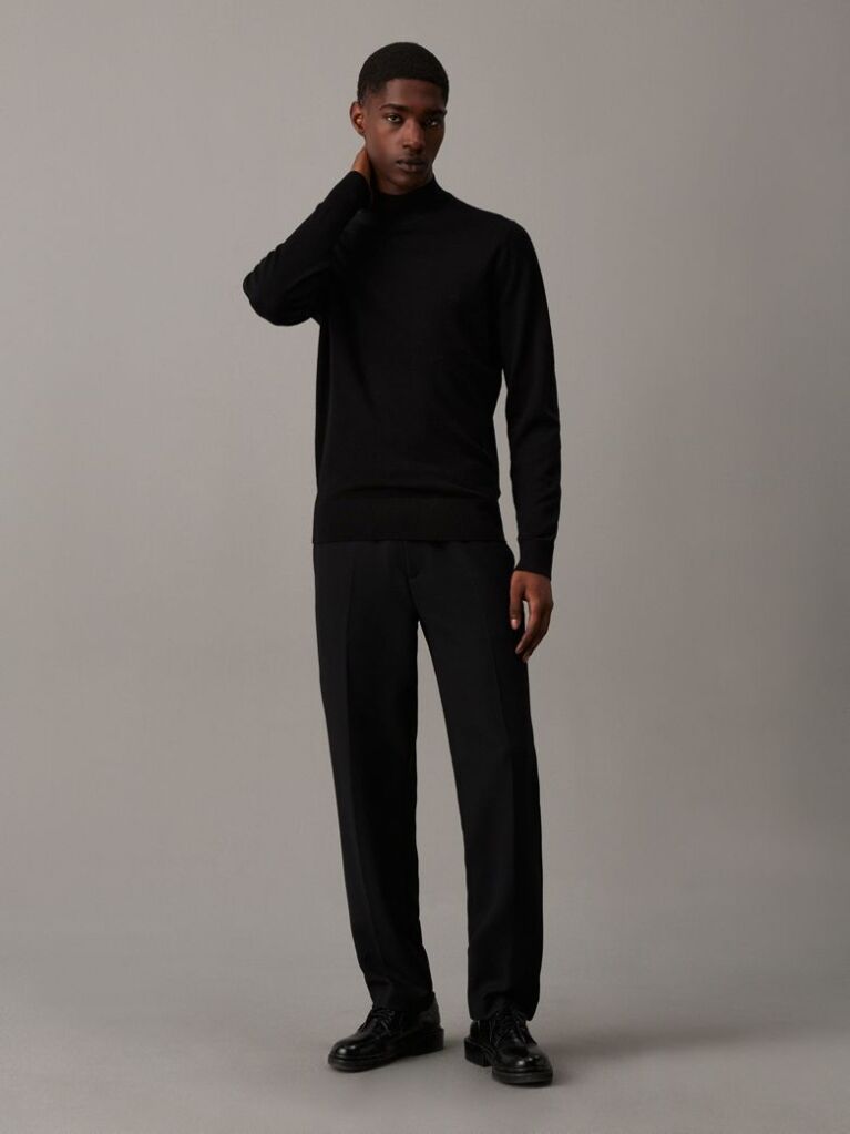 Black Merino Wool Mock Neck Jumper  Men