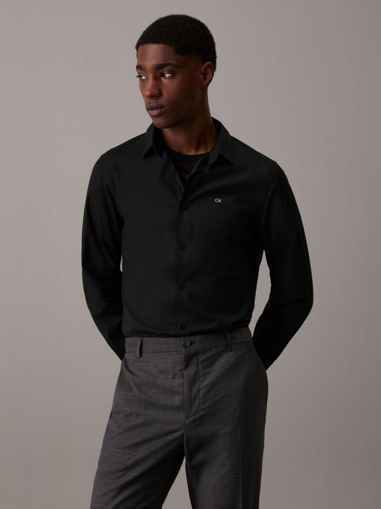 Black Slim Poplin Stretch Shirt  Men