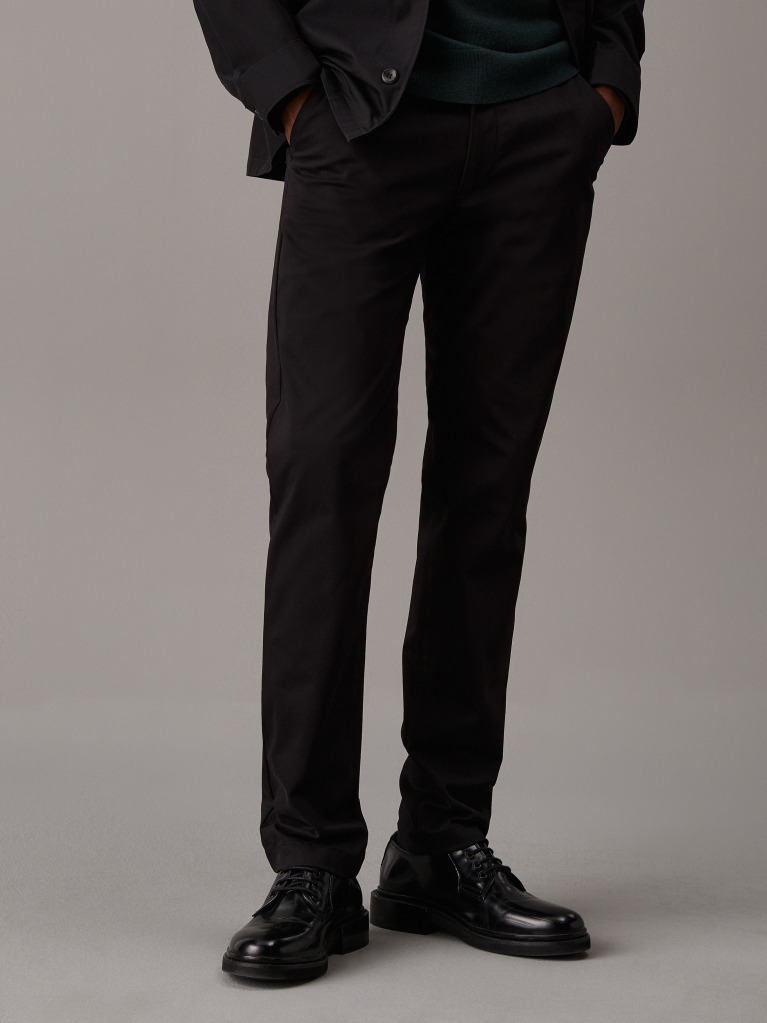 Black Slim Sateen Chino Trousers  Men