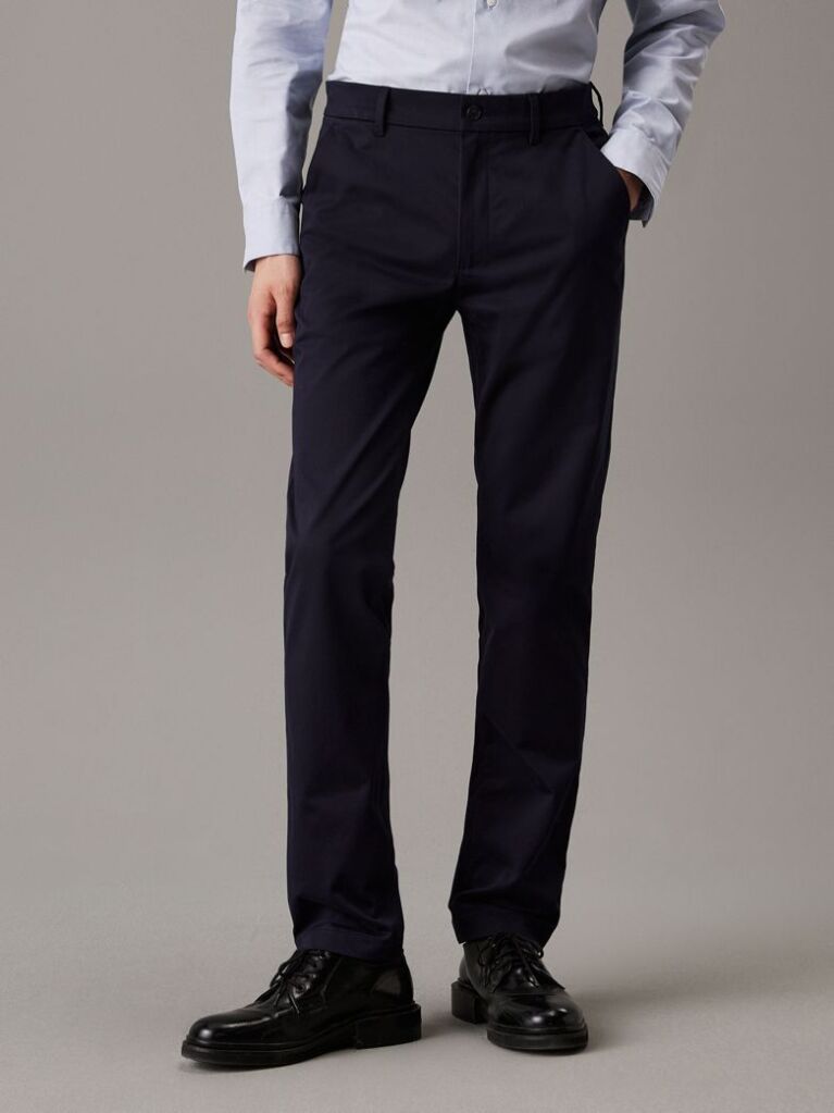 Blue Slim Sateen Chino Trousers  Men
