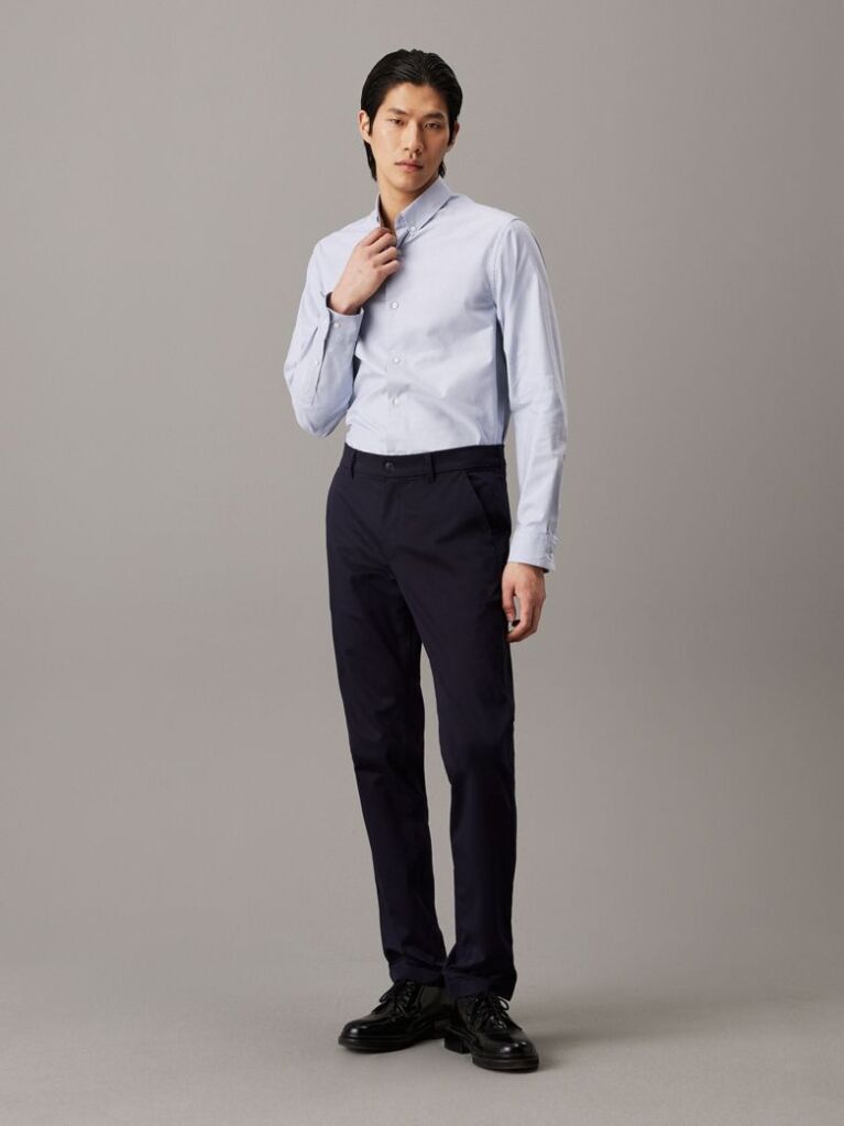 Blue Slim Sateen Chino Trousers  Men