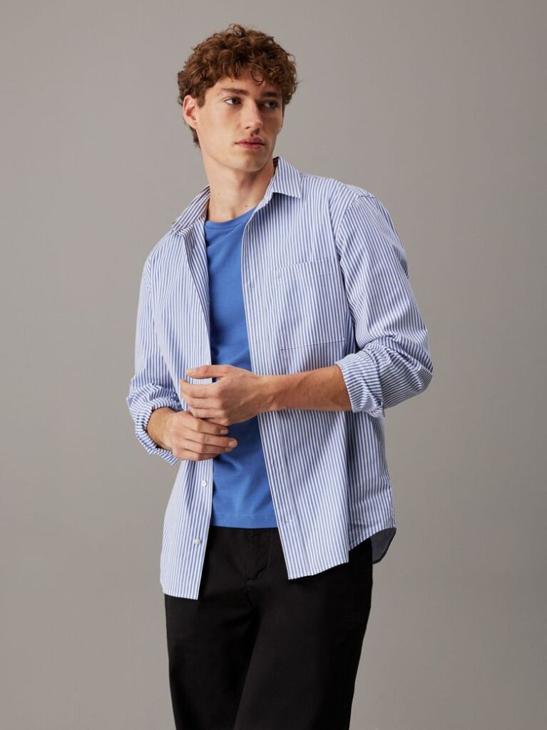 Blue Poplin Stretch Striped Shirt  Men