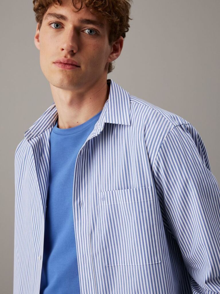 Blue Poplin Stretch Striped Shirt  Men