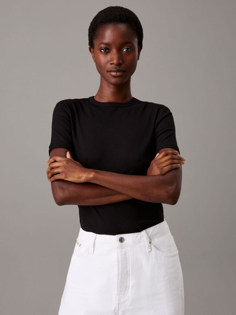 Μαύρο Ριμπ T-Shirt Σε Slim Γραμμή Από Modal  Γυναίκα