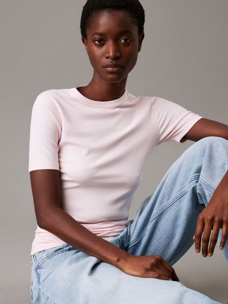 Ροζ Ριμπ T-Shirt Σε Slim Γραμμή Από Modal  Γυναίκα