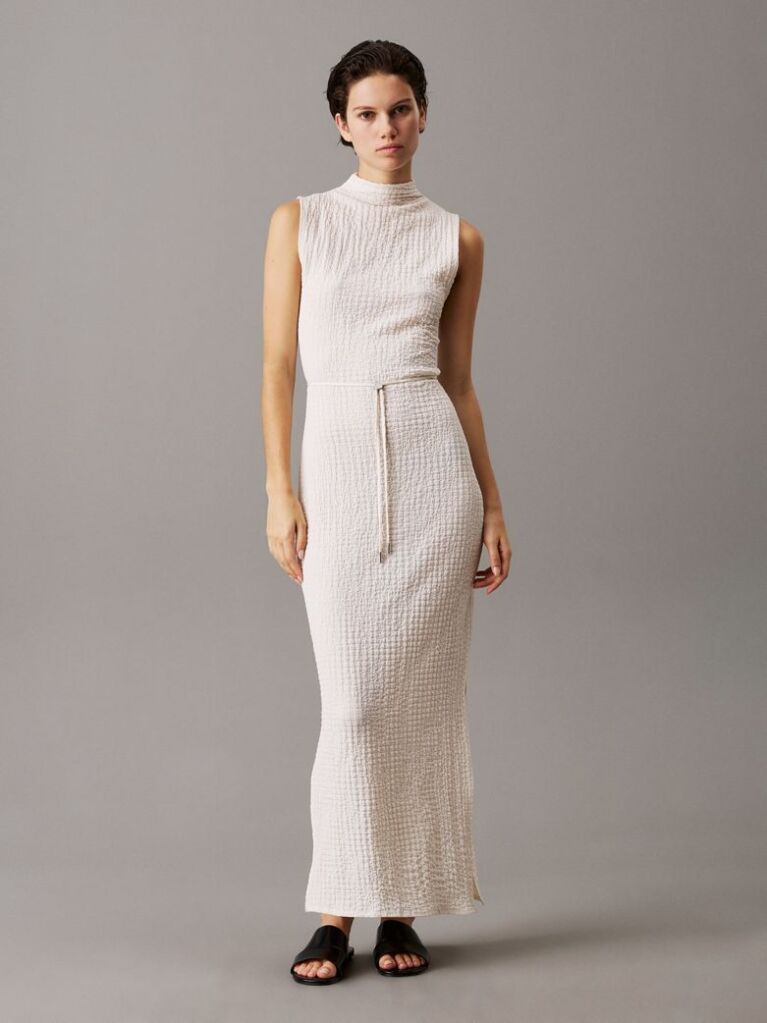 Beige Crinkle Jacquard Ankle Dress  Women