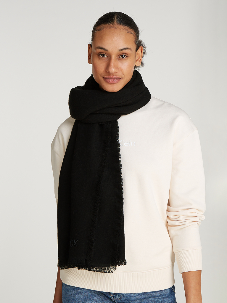 Black CK Embroidered Wool Mix Scarf  Women