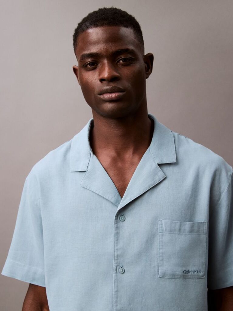 Blue Linen Blend Pyjama Top  Men