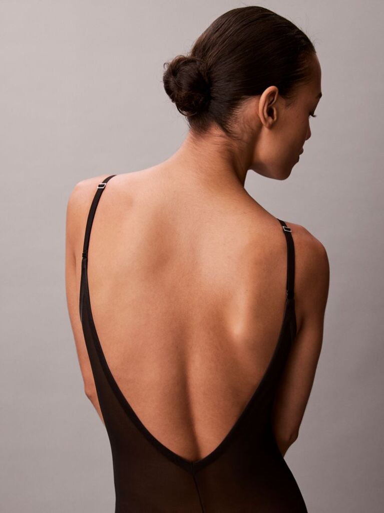 Black Shapewear Mid Thigh Bodysuit - Minimalist Mesh  Women