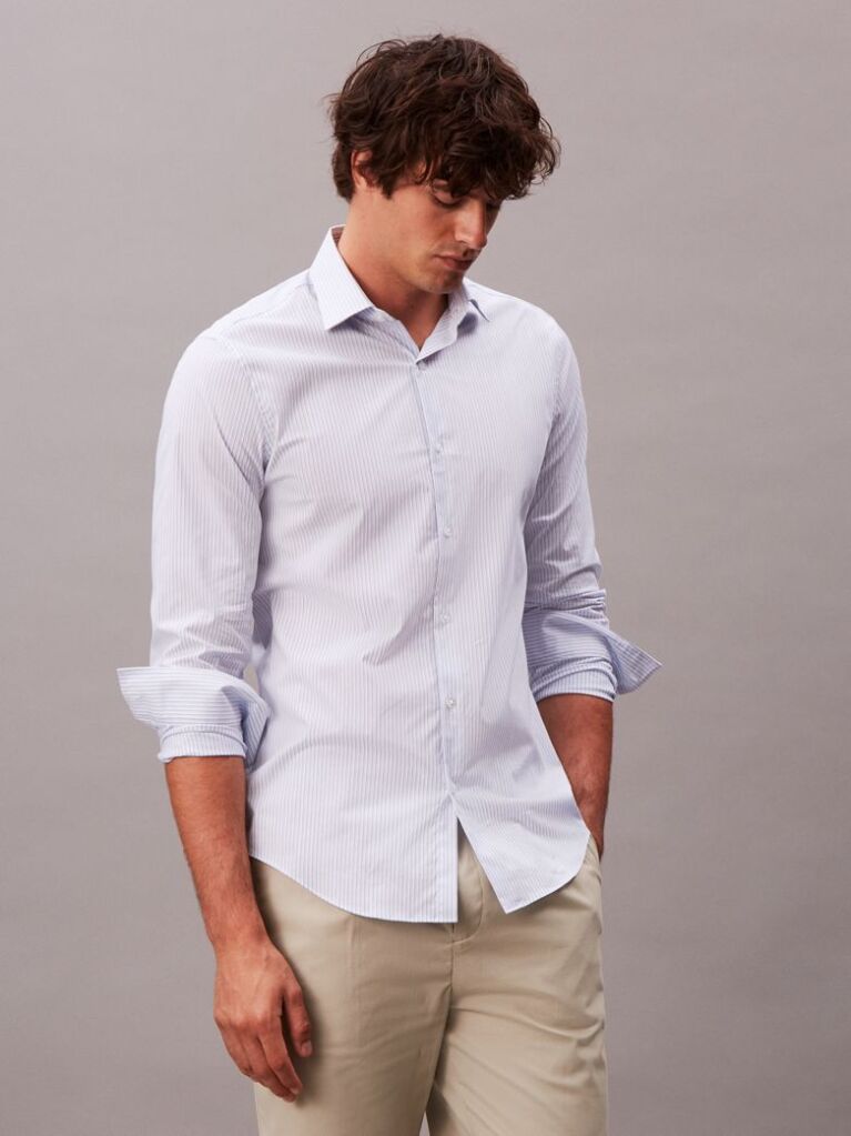Blue Slim Cotton Poplin Stripe Shirt  Men