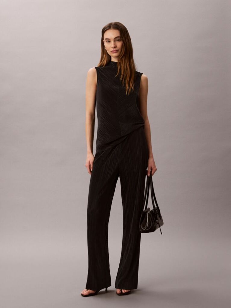 Black Plisse Pull On Trousers  Women