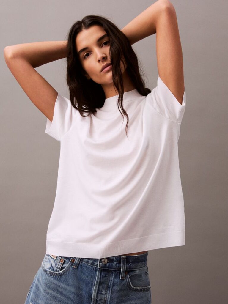 Λευκό T-Shirt Από Lyocell Με Όρθιο Γιακά  Γυναίκα