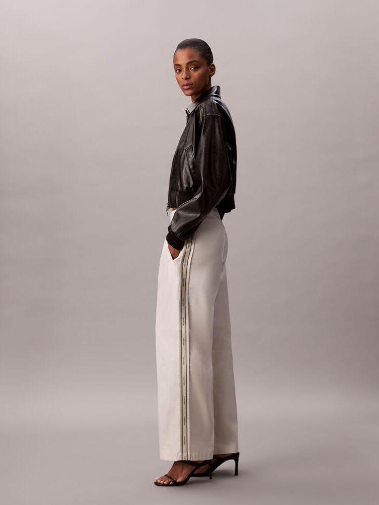 Beige Cotton Twill Logo Tape Trousers  Women