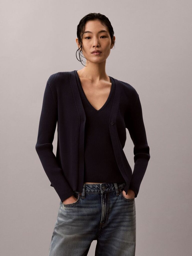 Blue Long Sleeve Cardigan With Ribbed Tank Top Set  Women