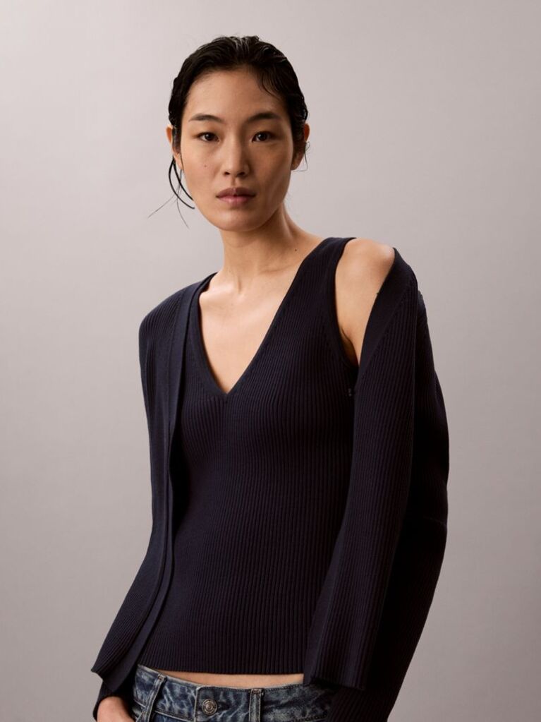 Blue Long Sleeve Cardigan With Ribbed Tank Top Set  Women