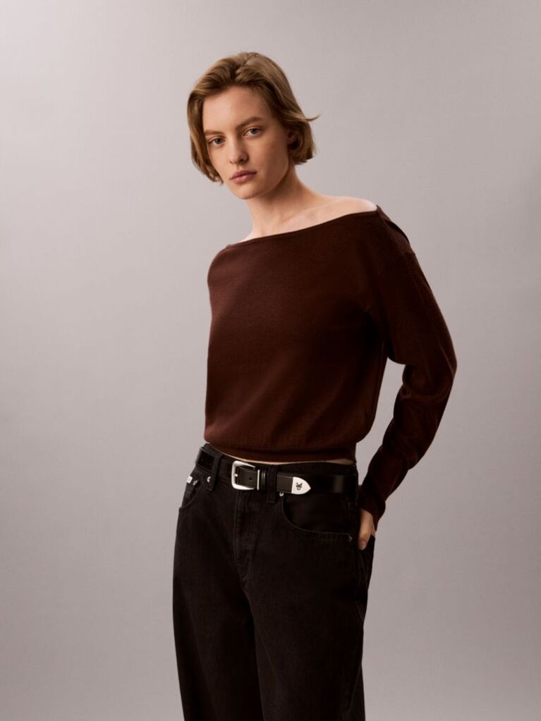 Brown Merino Wool Blend Boat Neck Jumper  Women