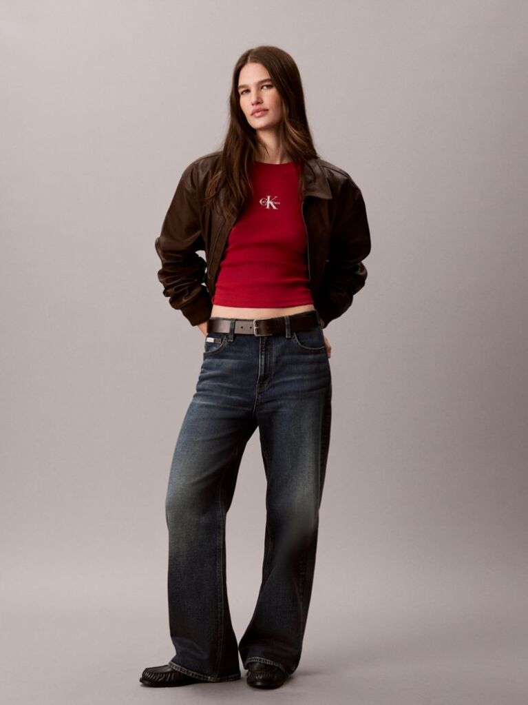 Red Monogram Logo Long Sleeve Baby Tee  Women