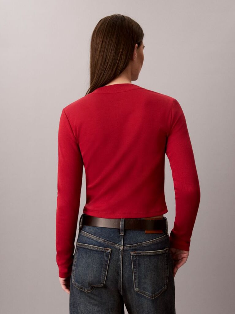 Red Monogram Logo Long Sleeve Baby Tee  Women
