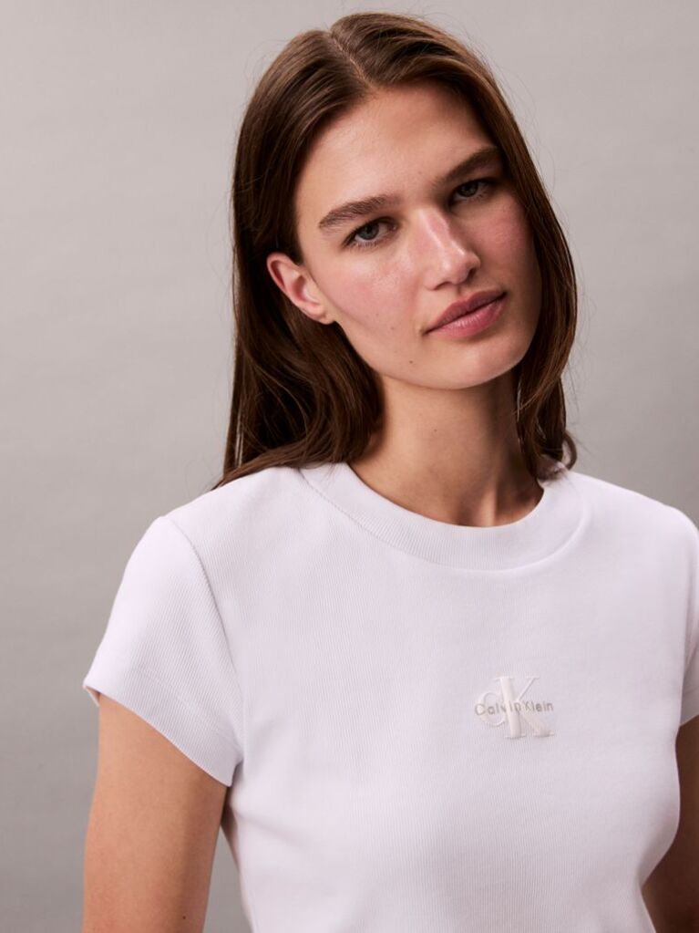 Λευκό Cropped T-shirt Με Μονόγραμμα Σε Στενή Γραμμή  Γυναίκα