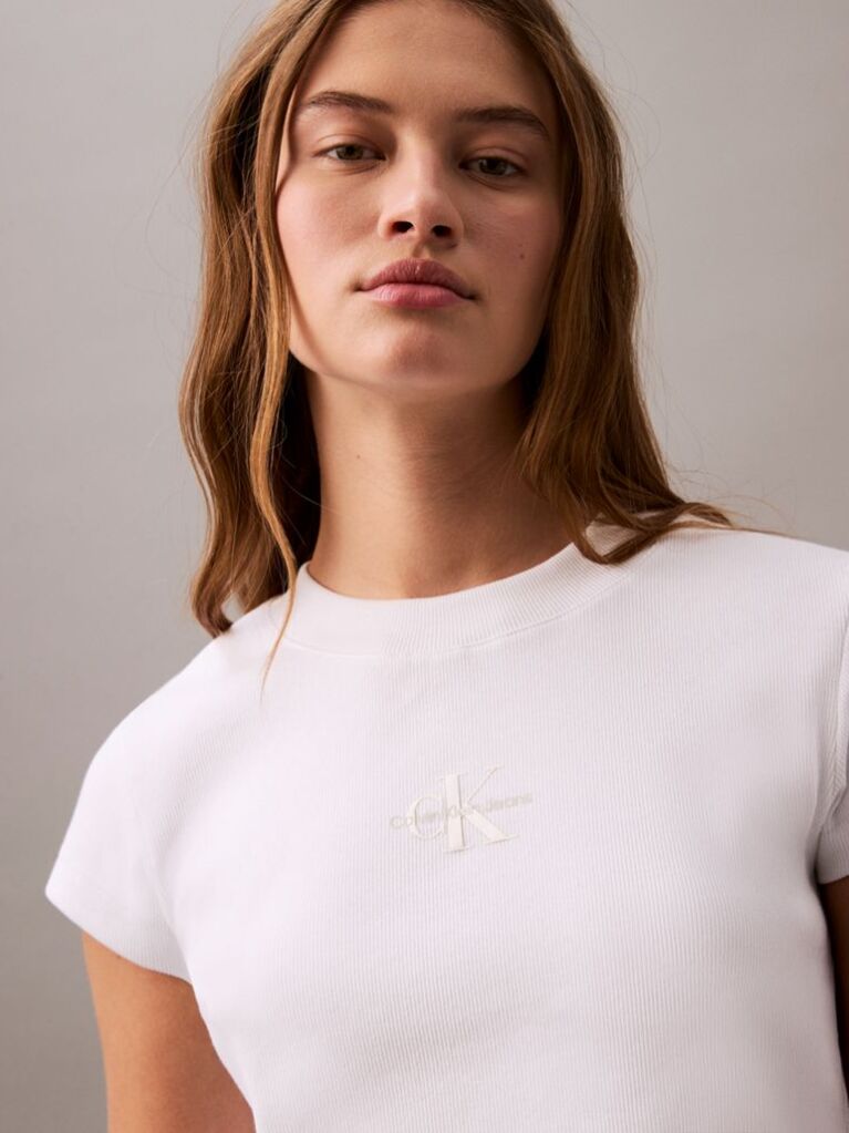 Λευκό Cropped T-shirt Με Μονόγραμμα Σε Στενή Γραμμή  Γυναίκα