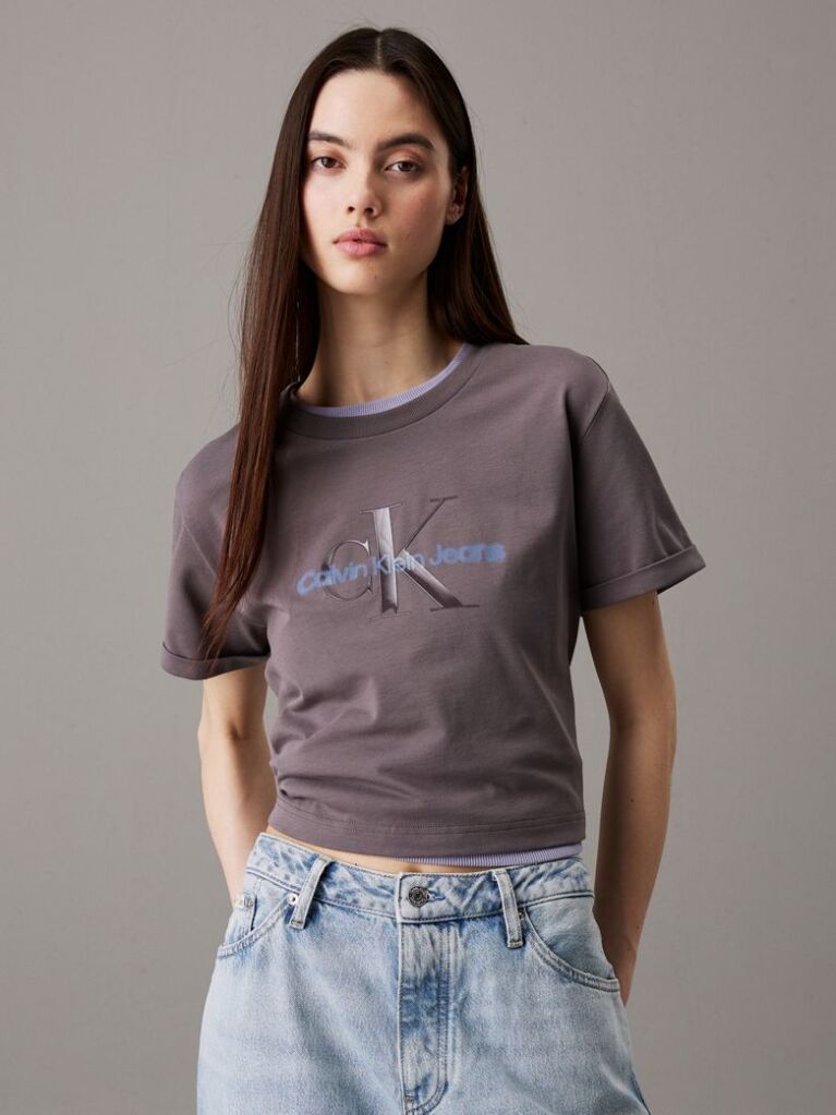 Grey Cropped Gloss Logo T-shirt  Women