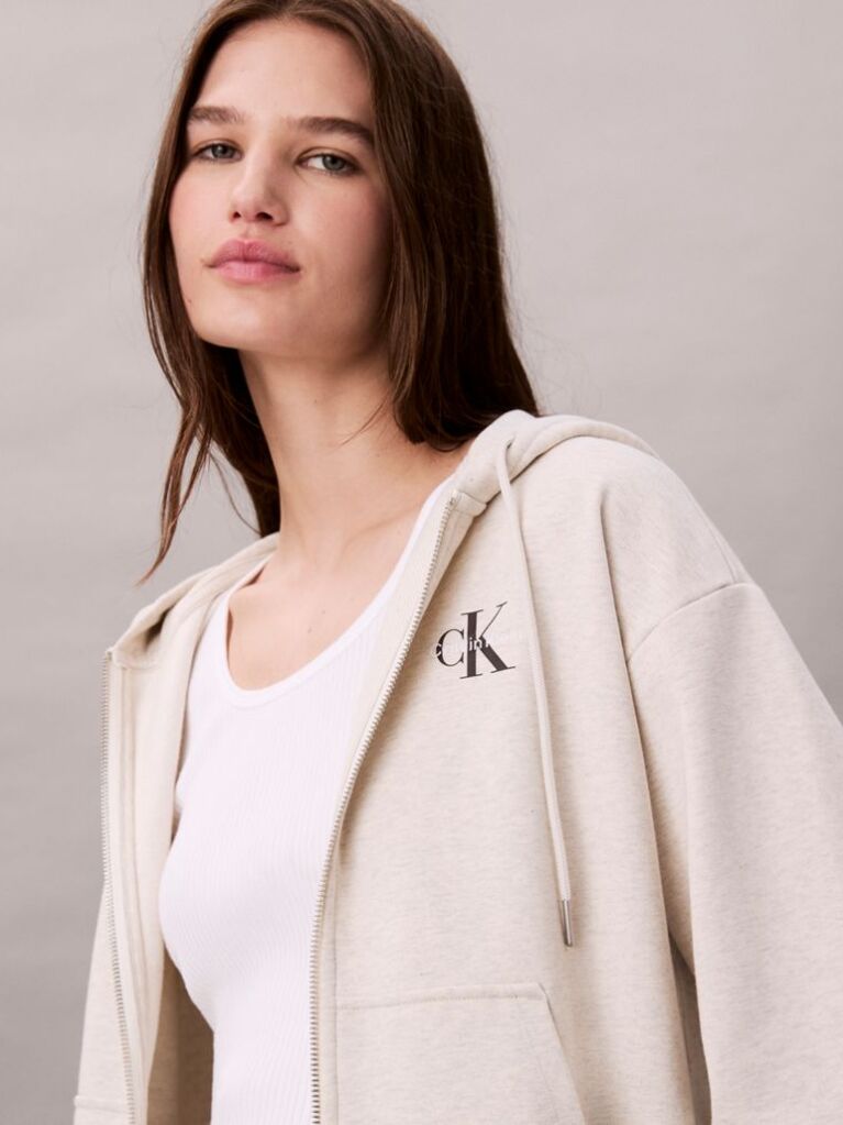 Μπεζ Hoodie με Φερμουάρ Και Λογότυπο  Γυναίκα