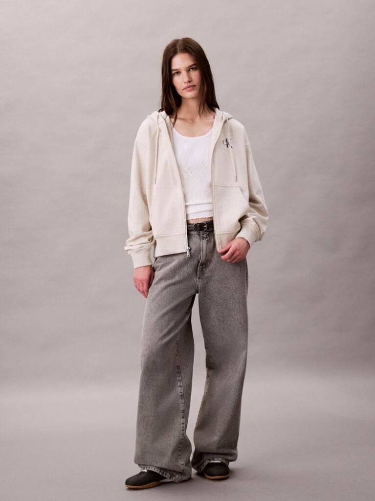 Μπεζ Hoodie με Φερμουάρ Και Λογότυπο  Γυναίκα