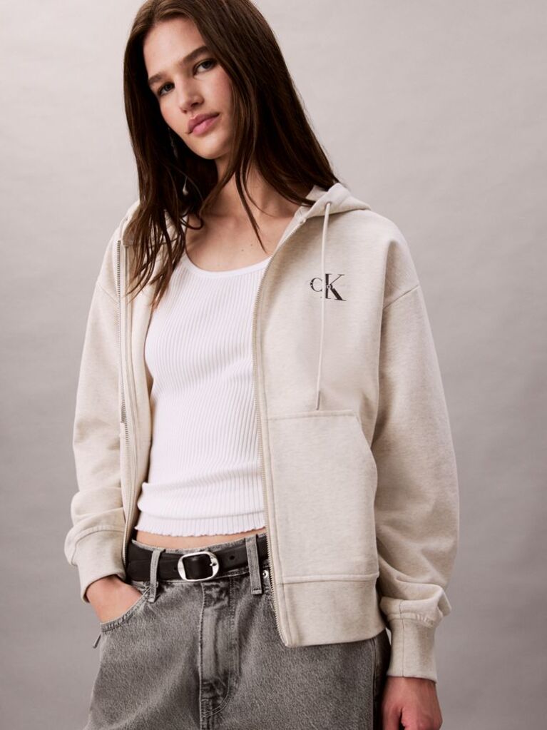 Μπεζ Hoodie με Φερμουάρ Και Λογότυπο  Γυναίκα