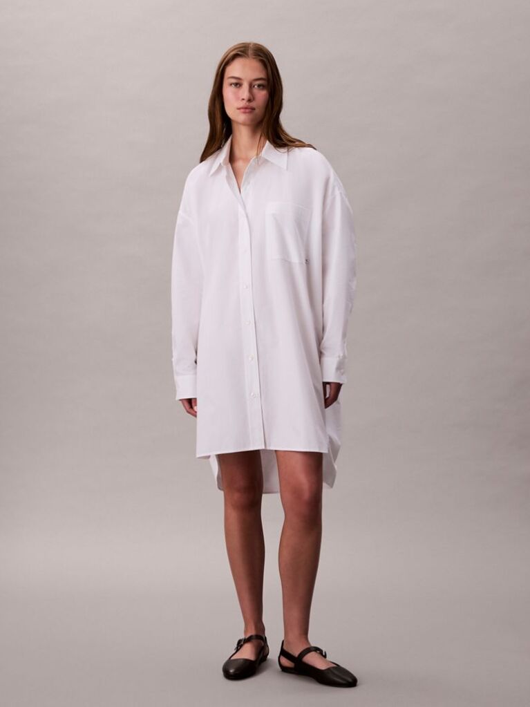 Λευκό Oversized Βαμβακερό Μίνι Φόρεμα Σε Στιλ Πουκαμίσας  Γυναίκα