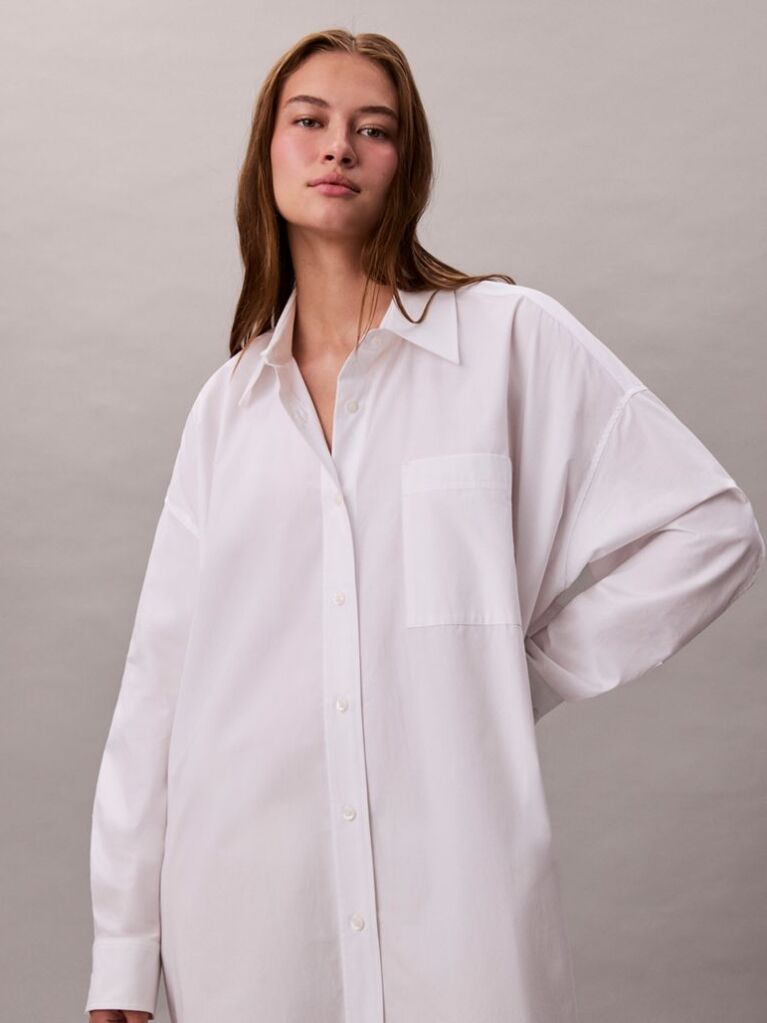 Λευκό Oversized Βαμβακερό Μίνι Φόρεμα Σε Στιλ Πουκαμίσας  Γυναίκα