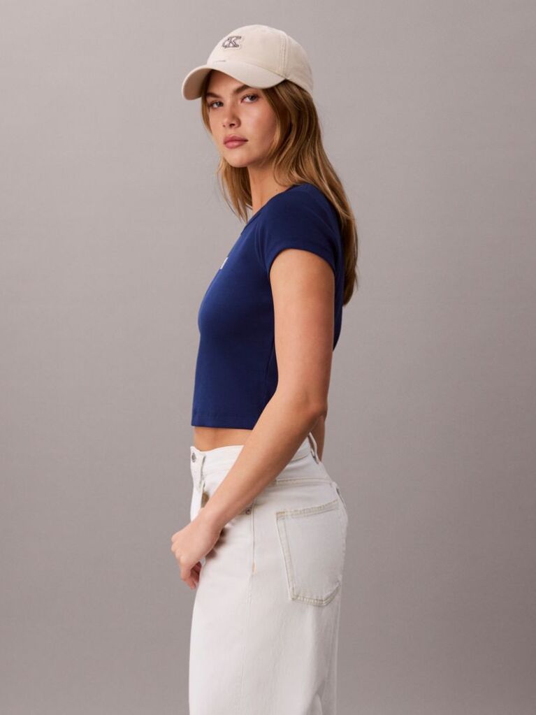 Blue Slim Ribbed Cotton Badge T-shirt  Women