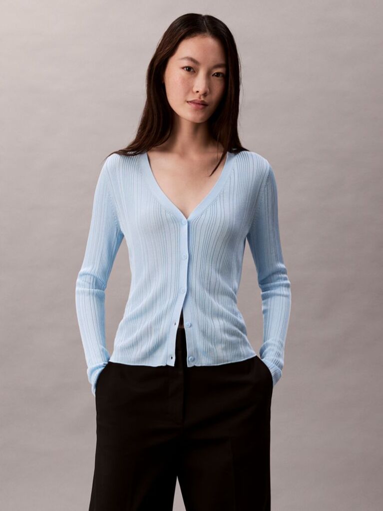 Blue Shiny Viscose Rib Cardigan  Women