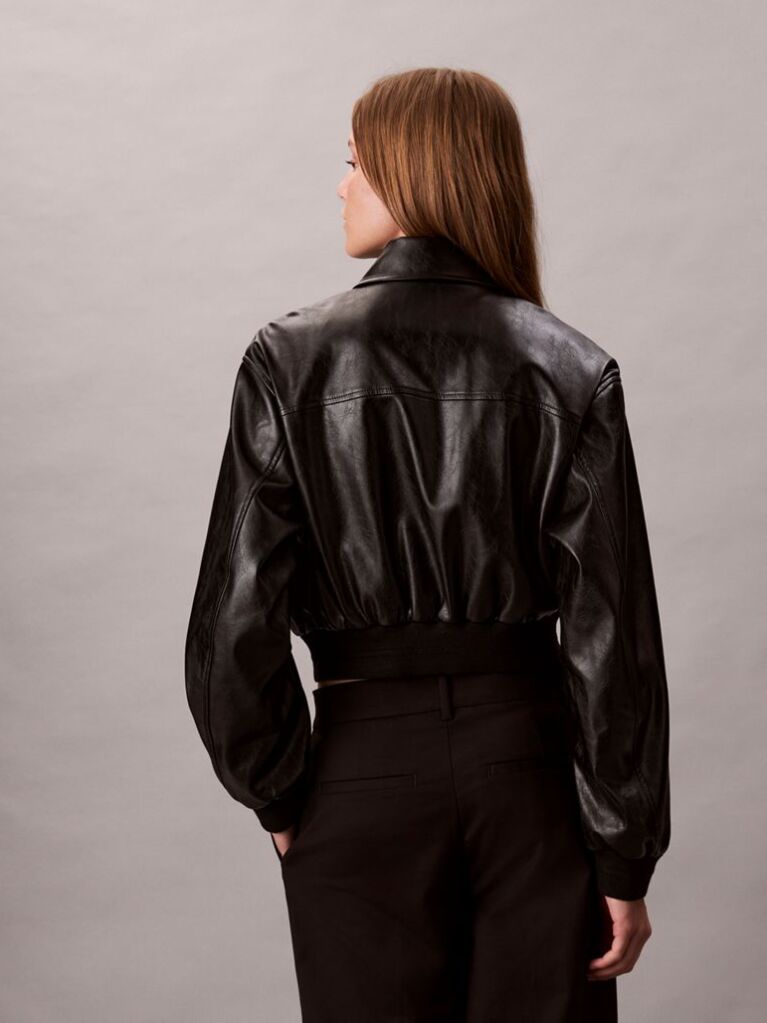 Μαύρο Cropped Bomber Τζάκετ Από Συνθετικό Δέρμα  Γυναίκα