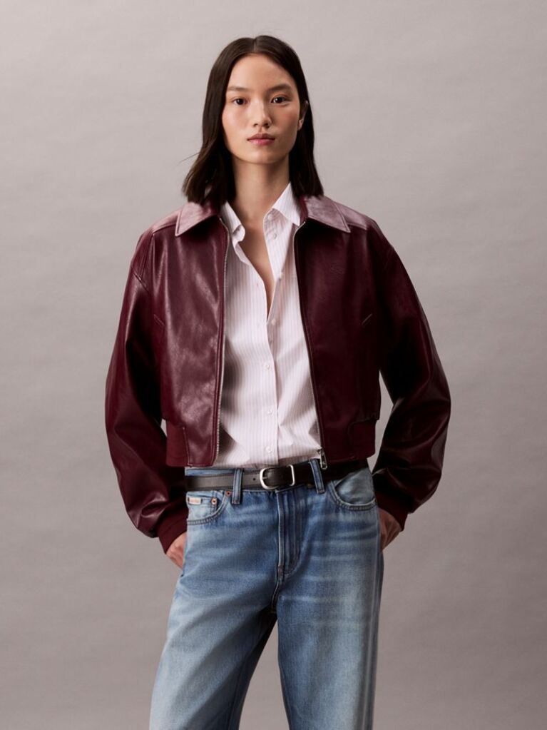 Κόκκινο Cropped Bomber Τζάκετ Από Συνθετικό Δέρμα  Γυναίκα