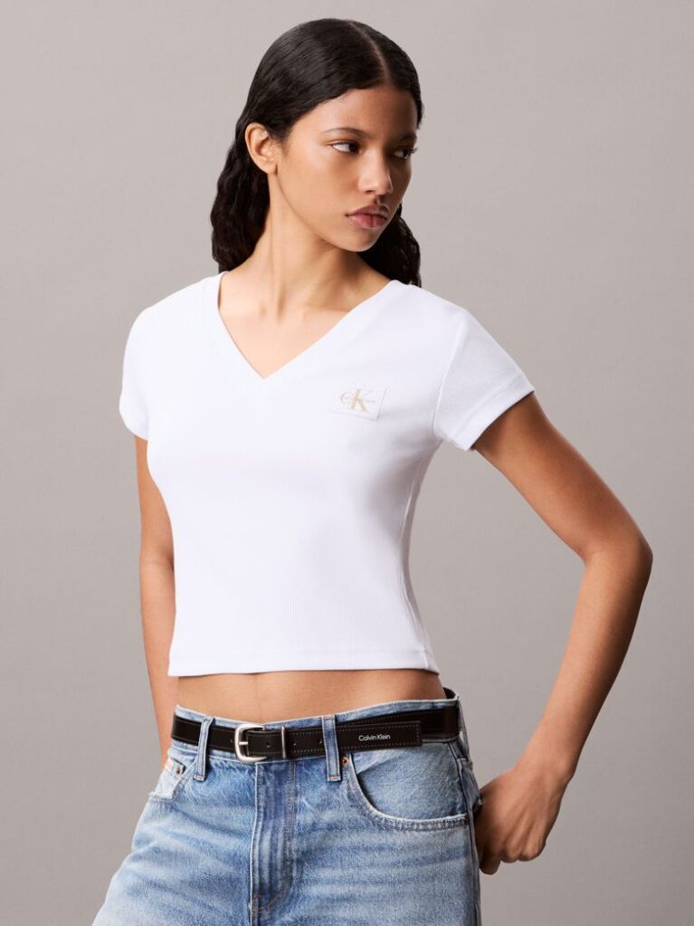 Λευκό Ριμπ Βαμβακερό T-shirt Με V Λαιμόκοψη  Γυναίκα