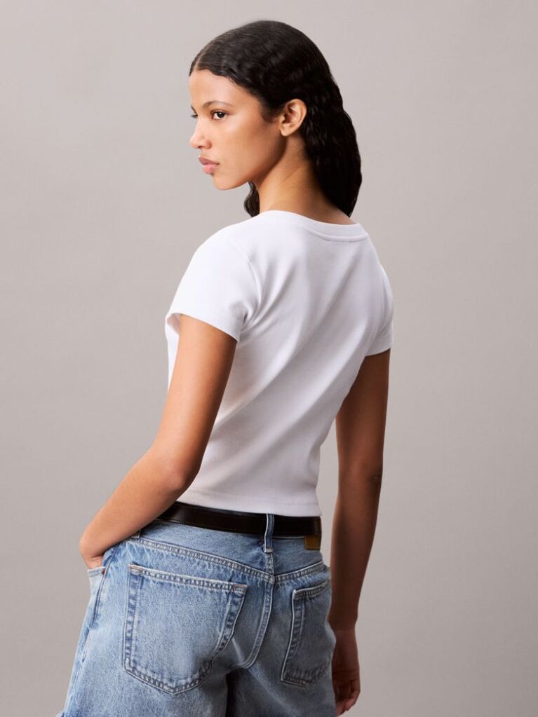Λευκό Ριμπ Βαμβακερό T-shirt Με V Λαιμόκοψη  Γυναίκα